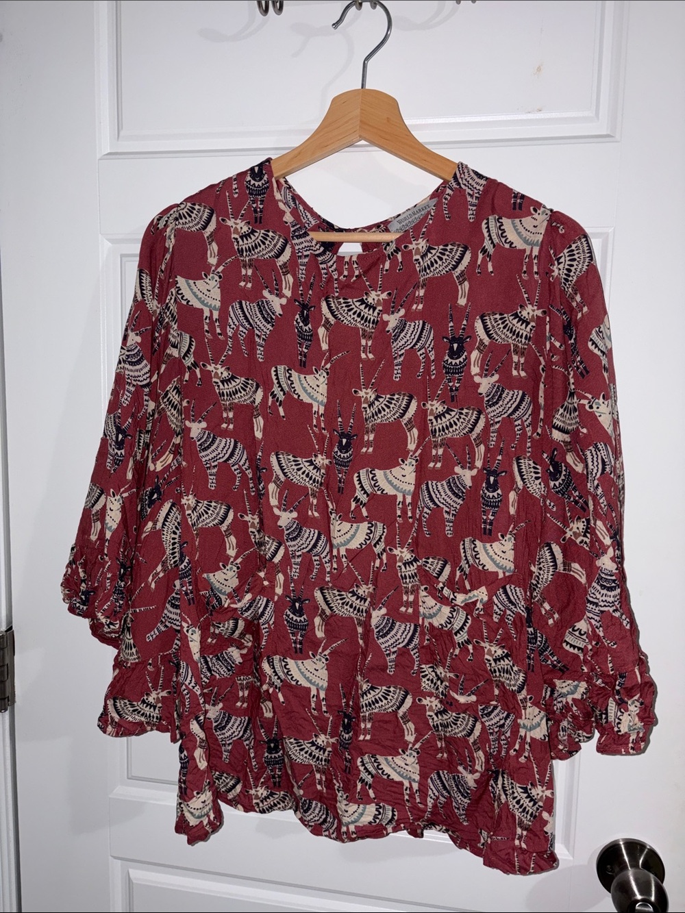 Cost Plus World Market Burgundy Printed Long Sleeve Blouse
